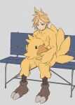  1boy alternate_costume animal_costume bench bird_costume blonde_hair blue_eyes chocobo cloud_strife final_fantasy final_fantasy_vii final_fantasy_vii_remake full_body gloves grey_background holding_headpiece kiki_lala long_sleeves male_focus parted_lips short_hair sitting solo spiked_hair sweat turtleneck yellow_gloves 