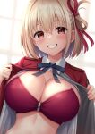  1girl blonde_hair blue_ribbon blush bra breasts cleavage commentary_request hair_ribbon highres large_breasts looking_at_viewer lycoris_recoil neck_ribbon nishikigi_chisato open_clothes red_bra red_eyes red_ribbon ribbon short_hair smile solo underwear uniform upper_body yago8_pp3 
