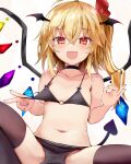  1girl ahoge alternate_costume bangs bare_shoulders bat_wings black_bow black_bra black_panties black_thighhighs blonde_hair blush bow bra collarbone crystal efe eyes_visible_through_hair fang flandre_scarlet flat_chest hair_between_eyes hair_ribbon hands_up head_wings heart highres jewelry laevatein_(tail) looking_at_viewer multicolored_wings navel no_headwear one_side_up open_mouth panties red_eyes red_ribbon ribbon short_hair simple_background sitting smile solo spread_legs tail thighhighs touhou underwear v white_background wings 