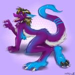  1:1 anthro black_hair blonde_hair blue_body blue_ears blue_eyes blue_fur blue_stripes blue_tail claws colored_sketch dipstick_tail elbow_tuft fangs fur glistening glistening_eyes hair hi_res male markings multicolored_hair narrowed_eyes open_mouth pink_tongue purple_body purple_ears purple_fur purple_tail sergal side_view signature simple_background sketch solo striped_markings striped_tail stripes tail_markings tongue tongue_out two_tone_hair white_body white_claws white_fur white_tail yaoifairy 