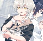  2boys back-to-back black_eyes black_hair bowl cooking highres ishihara_usumi jiitarou kisaragi_ren_(mahjong_soul) kitchen looking_at_another looking_at_viewer looking_back mahjong_soul male_focus multiple_boys stirrer tongue tongue_out white_hair yellow_eyes 