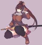  1girl black_thighhighs blush boots bow brown_eyes brown_footwear brown_hair brown_shirt brown_skirt closed_mouth full_body grey_background hair_bow hand_up highres holding holding_sword holding_weapon katana long_sleeves looking_at_viewer mil_(xration) miniskirt mitsurugi_ryouko pleated_skirt ponytail real_bout_high_school sailor_collar school_uniform serafuku shirt simple_background skirt smile solo sword thighhighs weapon white_sailor_collar yellow_bow 