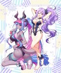  2girls armpits arms_behind_head arms_up ass back bangs bare_shoulders barefoot black_swimsuit blue_hair blush body_markings breasts cleavage colored_skin earrings eyeliner fate/grand_order fate_(series) full_body grey_skin hair_between_eyes hair_ornament hair_scrunchie highleg highleg_swimsuit highres horns ibuki_douji_(fate) ibuki_douji_(swimsuit_berserker)_(fate) jewelry large_breasts long_hair looking_at_viewer looking_back makeup multicolored_hair multiple_girls navel one-piece_swimsuit oni oni_horns open_mouth pink_hair pink_headwear pink_swimsuit pointy_ears ponytail purple_eyes purple_hair red_eyes sakura_tsubame scrunchie shoes side_ponytail sidelocks smile sneakers squatting swimsuit tail thigh_strap thighlet tongue tongue_out two-tone_swimsuit very_long_hair visor_cap wrist_scrunchie wristband wu_zetian_(fate) wu_zetian_(swimsuit_caster)_(fate) 