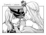  2girls anchor bismarck_(kancolle) braid closed_eyes crown dress french_braid greyscale hand_on_own_chin hat head_rest kantai_collection long_hair mini_crown monochrome multiple_girls off-shoulder_dress off_shoulder peaked_cap warspite_(kancolle) yamada_rei_(rou) 