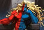  1boy abs biceps blonde_hair colored_skin conto deltoids forehead_jewel frown gill_(street_fighter) head_rest long_hair male_focus multicolored_skin muscular muscular_male obliques pectorals sitting solo street_fighter street_fighter_iii_(series) throne two-tone_skin upper_body yellow_eyes 