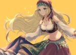  1girl blonde_hair blue_eyes breasts cleavage collarbone commentary_request dancer jewelry long_hair looking_at_viewer lynette_(octopath_traveler) medium_breasts midriff navel necklace octopath_traveler octopath_traveler:_champions_of_the_continent smile solo tagme very_long_hair wspread yellow_background 