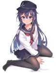  1girl :o absurdres akatsuki_(kancolle) anchor anchor_symbol badge between_legs black_pantyhose flat_cap folded_ponytail hair_between_eyes hat highres kantai_collection long_hair messy_hair neckerchief no_shoes o-sirius pantyhose pleated_skirt purple_eyes purple_hair red_neckerchief school_uniform serafuku sitting skirt solo wariza white_background 