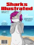  absurd_res anthro areola beach breast_squish breasts convenient_censorship cover discovery_channel djcoyoteguy female fish grey_body grey_skin hair hi_res magazine_cover magazine_title marine meme navel nipples nude parody purple_hair seaside shark shark_week smile solo sports_illustrated squish text water yellow_eyes 