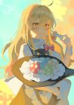  1girl ahoge bangs blonde_hair blurry blurry_background bow braid cowboy_shot crossed_bangs day eating food food_on_face hair_between_eyes hat hat_removed headwear_removed highres holding holding_clothes holding_hat holding_mushroom jill_07km kirisame_marisa light_blush long_hair looking_ahead mushroom outdoors sidelighting simple_background solo tearing_up touhou very_long_hair witch_hat yellow_eyes 