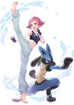  1girl absurdres bangs barefoot breasts clenched_hand commentary_request eyelashes fingerless_gloves full_body gloves highres leg_up lucario maylene_(pokemon) navel open_mouth pants pink_eyes pink_hair pokemon pokemon_(creature) pokemon_(game) pokemon_dppt raji_(aranmax) short_hair sports_bra standing standing_on_one_leg teeth toes tongue upper_teeth white_background 