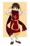  16_ban 1boy 1girl :d bangs black_hair blush child dotted_line full_body hands_on_own_head hands_up hunter_x_hunter long_sleeves male_child male_focus open_mouth pairo pants red_scarf red_tunic scarf shirt shoes short_hair smile solo white_pants white_shirt 