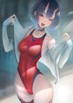  1girl bangs bare_shoulders blush bob_cut breasts collarbone covered_navel eyeliner fate/grand_order fate_(series) highleg highleg_swimsuit highres horns imizu_(nitro_unknown) jacket long_sleeves looking_at_viewer makeup medium_breasts off_shoulder one-piece_swimsuit oni oni_horns open_clothes open_jacket open_mouth purple_eyes purple_hair red_swimsuit short_hair shuten_douji_(fate) skin-covered_horns smile solo swimsuit thighs white_jacket 