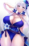  1girl azur_lane bangs bare_shoulders blue_choker blue_dress blue_eyes blue_flower blush breasts choker cleavage collarbone criss-cross_halter dress flower halterneck highres illustrious_(azur_lane) illustrious_(never-ending_tea_party)_(azur_lane) large_breasts long_hair looking_at_viewer sidelocks solo thighs tri_tails wee_(weeyy) white_hair 