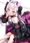  1girl :d animal_ear_fluff animal_ears bangs bare_shoulders black_bow black_dress black_ribbon blunt_bangs blush bow cat_ears cat_girl cat_tail couch criss-cross_halter detached_sleeves dress extra_ears feet_out_of_frame frilled_dress frilled_sleeves frills grey_hair hair_ribbon halterneck hand_on_own_cheek hand_on_own_face highres hololive long_hair long_sleeves looking_at_viewer murasaki_shion on_couch ribbon sitting smile solo tail tail_bow tail_ornament twintails v virtual_youtuber yellow_eyes yuano 