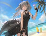  1girl absurdres arknights bangs bare_arms bare_shoulders black_dress black_gloves blue_sky cloud commentary cowboy_shot crocodilian_tail day dress food gloves grey_eyes grey_hair hair_over_one_eye hand_up highres holding holding_food ice_cream large_tail long_hair ocean official_alternate_costume open_mouth palm_tree pointy_ears rainbow sky sleeveless sleeveless_dress solo standing surfboard tadano_tarako tail tomimi_(arknights) tree two_side_up water 