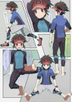  1boy absurdres barefoot blue_jacket blush bodysuit bodysuit_under_clothes bright_pupils brown_eyes brown_hair closed_mouth commentary_request highres ironasi247 jacket looking_at_viewer male_focus multiple_views nate_(pokemon) pokemon pokemon_(game) pokemon_bw2 red_headwear shoes short_hair short_sleeves sneakers soles squatting stretching sweatdrop toes translation_request visor_cap wedgie wetsuit white_pupils 