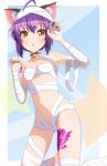  1girl :o ahoge animal_ears bandages bell black_nails blush breasts bunny1219 cat_ears cleavage highres looking_at_viewer naked_bandage navel neck_bell open_mouth paw_pose purple_hair short_hair small_breasts solo tattoo yellow_eyes 