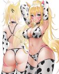  1girl absurdres ahoge animal_ear_fluff animal_ears animal_print armpits arms_at_sides arms_behind_head arms_up ass bangs bell bikini black_collar blonde_hair blue_eyes body_markings breasts cameltoe cleavage collar commission cow_print derlyt evoxy facial_mark facing_away from_behind gloves hair_between_eyes heterochromia highres indie_virtual_youtuber large_breasts legs_apart long_hair looking_at_viewer multicolored_hair multiple_views navel neck_bell o-ring o-ring_bikini pink_hair ponytail print_bikini print_gloves print_thighhighs purple_eyes simple_background standing streaked_hair sweat swimsuit tail thighs thong_bikini two-tone_hair white_background 