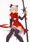  1girl absurdres ahoge boots breasts cleavage elbow_gloves fate/grand_order fate_(series) gloves hair_ornament hair_ribbon highres holding holding_sword holding_weapon katana koha-ace okita_souji_(fate) okita_souji_alter_(fate) red_scarf ribbon scarf sitting sword tassel tassel_hair_ornament thigh_boots thigh_strap weapon white_hair yellow_eyes zuihou_de_miao_pa_si 