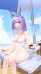  1girl :q absurdres bangs bare_arms bare_legs bare_shoulders beach_umbrella bikini blue_sky breasts cake cleavage feet_out_of_frame food green_ribbon hair_ribbon highres holding holding_plate ilsae large_breasts long_hair looking_at_viewer mejiro_mcqueen_(umamusume) navel plate purple_eyes purple_hair ribbon see-through sitting sky solo stomach swept_bangs swimsuit thighs tongue tongue_out umamusume umbrella white_bikini 