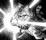  calaboca.co cat claws closed_mouth dragon_ball full_body kamehameha looking_at_viewer monochrome no_humans original signature solo standing striped 