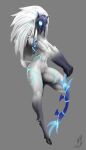  2019 anthro bovid caprine cloven_hooves female full-length_portrait fur genitals gloves_(marking) grey_background hair hi_res hooves kindred_(lol) lamb_(lol) league_of_legends mammal markings mask mask_only nude on_one_leg portrait pussy riot_games sheep simple_background solo standing video_games w4g4 white_body white_fur white_hair wool_(fur) 