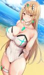  1girl arm_garter arms_behind_back bangs bare_shoulders beach blonde_hair blue_sky blush breasts chest_jewel cleavage collarbone day earrings highleg highleg_swimsuit highres jewelry large_breasts long_hair looking_at_viewer mythra_(radiant_beach)_(xenoblade) mythra_(xenoblade) noeomi one-piece_swimsuit open_mouth shore sky solo striped striped_swimsuit swept_bangs swimsuit thigh_strap thighs tiara vertical-striped_swimsuit vertical_stripes white_swimsuit xenoblade_chronicles_(series) xenoblade_chronicles_2 yellow_eyes 