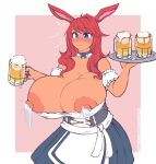  alcohol animal_humanoid barmaid beer beer_mug beverage blue_eyes bodily_fluids breasts collar dark_body dark_skin exposed_breasts female hair hi_res holding_beer holding_tray humanoid kittenboogers lactating lagomorph lagomorph_humanoid leporid_humanoid long_hair mammal mammal_humanoid nipples rabbit_ears rabbit_humanoid red_hair red_nipples solo standing watermark 