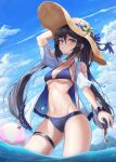  1girl absurdres ball beachball bikini black_hair blue_bikini blue_sky breasts cleavage genshin_impact green_eyes hat highres long_hair looking_at_viewer mona_(genshin_impact) partially_submerged sky slime_nyang small_breasts solo sun_hat swimsuit thigh_strap twintails 