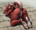  2019 anthro anus ass_up bodily_fluids bound butt digital_media_(artwork) digital_painting_(artwork) feet female genital_fluids genitals hands_behind_back hands_tied kobold looking_back nude on_ground pussy pussy_juice raised_tail rear_view red_body red_scales scales scalie soles solo tail_tied w4g4 