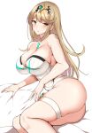  1girl ass bangs blonde_hair breasts casual_one-piece_swimsuit chest_jewel gem green_gemstone headpiece highres large_breasts long_hair mythra_(radiant_beach)_(xenoblade) mythra_(xenoblade) noeomi one-piece_swimsuit ribbed_swimsuit solo strapless strapless_swimsuit striped striped_swimsuit swept_bangs swimsuit two-tone_swimsuit vertical-striped_swimsuit vertical_stripes very_long_hair white_swimsuit xenoblade_chronicles_(series) xenoblade_chronicles_2 yellow_eyes 