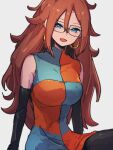  1girl android_21 black_sleeves blue_eyes breasts checkered_clothes checkered_dress detached_sleeves dragon_ball dragon_ball_fighterz dress glasses grey_background hair_between_eyes kemachiku large_breasts long_hair looking_at_viewer open_mouth red_hair simple_background sitting smile solo 