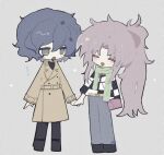  ! 2boys bangs belt belt_buckle black_footwear black_pants black_shirt blue_hair blue_pants buckle checkered_clothes checkered_shirt closed_eyes coat colored_eyelashes film_grain full_body grey_eyes hatsutori_hajime highres holding_hands long_hair long_sleeves male_focus multiple_boys no_nose open_mouth pants parted_bangs pink_bag ponytail quezi saibou_shinkyoku shirt short_hair smile sparkle standing utsugi_noriyuki yellow_belt yellow_coat 