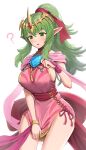  1girl absurdres breasts dress fire_emblem fire_emblem_awakening fire_emblem_heroes gonzarez green_hair highres large_breasts long_hair official_alternate_costume pink_dress pointy_ears ponytail short_dress simple_background solo tiara tiki_(fire_emblem) white_background 