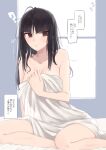  1girl ? absurdres bangs bare_arms bare_shoulders bed_sheet black_hair blanket blunt_bangs breasts cleavage collarbone empty_eyes hand_on_own_chest highres indoors long_hair medium_breasts messy_hair naked_sheet original parted_lips purple_eyes rucchiifu sitting solo speech_bubble translation_request window yokozuwari 