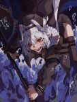  1girl arknights bangs black_headwear black_thighhighs circular_saw commentary grey_hair habit highres holding holding_weapon jewelry leaning_forward long_sleeves nun open_mouth pendant red_eyes renzeanue_10 sharp_teeth solo specter_(arknights) teeth thighhighs thighs water weapon 