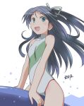 1girl black_hair commentary_request flat_chest green_eyes green_swimsuit hair_ribbon highres kantai_collection katsuragi_(kancolle) long_hair looking_at_viewer osamada_meika ponytail ribbon riding signature simple_background smile solo swimsuit turtleneck water white_background 