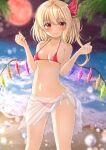  1girl bangs bare_shoulders bikini blonde_hair blurry blurry_background blush breasts closed_mouth cowboy_shot crystal flandre_scarlet full_moon highres looking_at_viewer medium_hair moon navel night outdoors red_bikini red_eyes red_moon reijing_etrn sky small_breasts smile solo standing swimsuit touhou water water_drop wings 