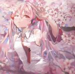  1girl absurdres ahoge armpit_peek bare_shoulders blurry blurry_background blurry_foreground branch breasts cherry_blossoms dekalco depth_of_field detached_sleeves fingernails flower hair_between_eyes hand_up hatsune_miku headset highres long_hair long_sleeves looking_at_viewer medium_breasts necktie outdoors parted_lips petals pink_eyes pink_flower pink_hair red_necktie sakura_miku shirt skirt sleeveless sleeveless_shirt solo teeth tree twintails very_long_hair vocaloid white_flower white_shirt wing_collar 