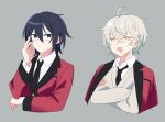  2boys ahoge black_eyes black_hair crossed_arms formal glasses grey_background ishihara_usumi jiitarou kisaragi_ren_(mahjong_soul) looking_at_viewer mahjong_soul male_focus matching_outfit multiple_boys necktie red_suit short_hair sketch suit wavy_hair white_hair yellow_eyes 