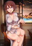  1girl akaboshi_koume aquaegg blue_eyes blush breasts brown_hair cleavage collarbone covered_nipples girls_und_panzer highres indoors japanese_clothes kimono large_breasts looking_at_viewer no_bra ocean open_mouth shiny shiny_hair shiny_skin short_hair sky smile solo star_(sky) starry_sky window 