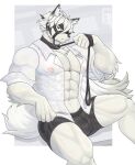  2022 anthro canid canine canis clothed clothing fur harness hi_res male mammal mihoyo muscular muscular_anthro muscular_male solard0gg0 solo topless topless_anthro topless_male topwear underwear video_games von_lycaon wet wet_clothing wet_topwear wet_underwear white_body white_fur wolf zenless_zone_zero 