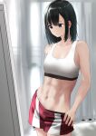  1girl abs absurdres bare_arms bare_shoulders black_hair breasts cleavage closed_mouth clothes_pull collarbone cowboy_shot curtains hanebado! highres indoors looking_at_mirror medium_breasts mirror navel purple_eyes red_shorts shiwahime_yuika short_hair shorts shorts_pull solo sports_bra stomach tama_(tamago) 