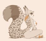  2018 anthro areola artist_name barefoot big_tail biped blush breasts caninelove dated digital_media_(artwork) ear_tuft feathers feet felid feline female hindpaw looking_at_viewer mammal nipples nude pawpads paws rosettes sitting solo tuft 