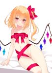  1girl absurdres arm_support bangs blonde_hair blush bow breasts collarbone crystal feet_out_of_frame flandre_scarlet groin hair_between_eyes highres knees_together_feet_apart leaning_to_the_side long_hair looking_at_viewer naked_ribbon navel no_headwear on_bed one_side_up pink_eyes red_bow red_ribbon ribbon simple_background small_breasts smile solo thigh_gap thighs tosakaoil touhou wedgie white_background wings 