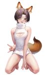 1girl absurdres animal_ears bangs bare_arms bare_shoulders barefoot blush breasts brown_hair cleavage_cutout clothing_cutout fang fox_ears fox_girl fox_tail green_eyes hair_intakes heart heart_in_eye highres kneeling legs_apart m-chan mole mole_under_eye naughty_face no_pants open_mouth original panties parted_bangs simple_background sleeveless sleeveless_sweater sleeveless_turtleneck small_breasts solo sweater symbol_in_eye tail tongue tongue_out turtleneck turtleneck_sweater underwear white_panties white_sweater 