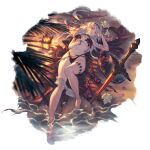  1girl beach bikini cup dark_jeanne dark_persona feathers granblue_fantasy hair_ribbon hat highleg highleg_bikini jeanne_d&#039;arc_(granblue_fantasy) lantern long_hair lying minaba_hideo official_art on_back red_eyes ribbon sandals shorts shorts_around_one_leg solo sprite swimsuit sword weapon white_hair 