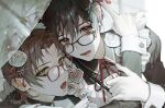  2boys bangs brown_hair crossdressing fang glasses green_eyes hair_between_eyes hair_ornament hato_(dovecot) licking_lips looking_at_viewer maid male_child multiple_boys open_mouth original parasol parted_bangs tongue tongue_out umbrella x_hair_ornament yaoi 