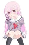  1girl bandaged_leg bandages bangs black_socks blush bow closed_mouth commentary_request engage_kiss feet_out_of_frame grey_shirt hair_between_eyes hand_up highres juliet_sleeves kisara_(engage_kiss) kneehighs knees_up long_hair long_sleeves looking_at_viewer pink_hair pleated_skirt puffy_sleeves red_bow red_eyes sailor_collar school_uniform serafuku shadow shirt simple_background sincos sitting skirt socks solo very_long_hair white_background white_sailor_collar white_skirt 