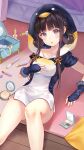 1girl animal_costume artist_request bare_arms bare_legs black_hair breasts fingerless_gloves girl_cafe_gun gloves hair_ornament highres indoors kikuri_yuki long_hair looking_at_viewer makeup medium_breasts official_art open_mouth penguin_costume sidelocks solo_focus 